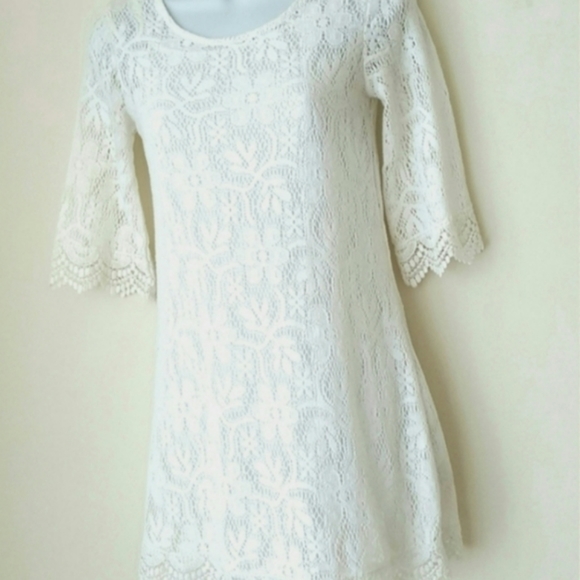 Crochet Floral Lace Off White Pullover Mini Dress Sz 2 Slip Lining H & M - Picture 8 of 10